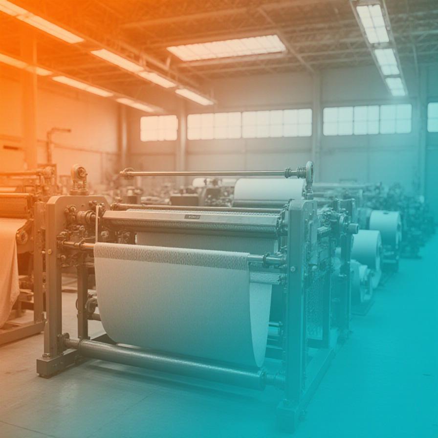 Textile manufacturing facility with loom equipment and fabric rolls